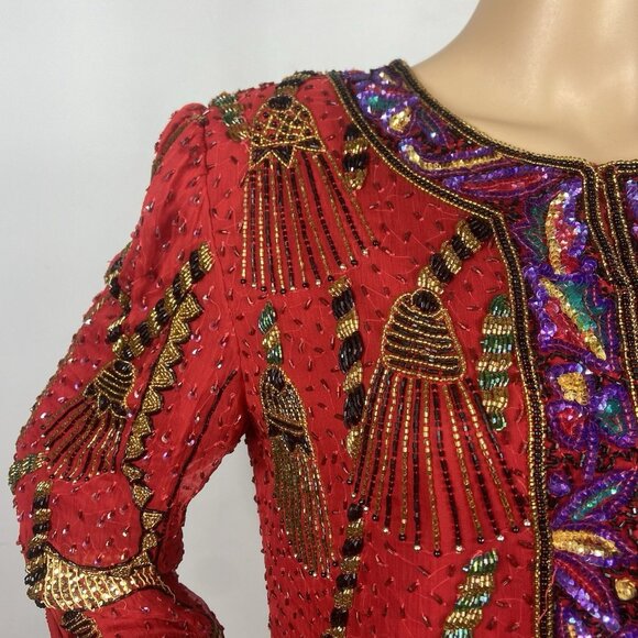Vintage Laurence Kazar Heavy Beaded Silk Jacket Sz L Formal Tassel Blazer - Picture 3 of 12